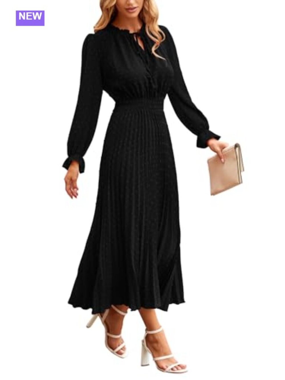 Swiss Dot Midi Dress Tie V Neck Puff Sleeve A-Line Flowy Wedding Guest